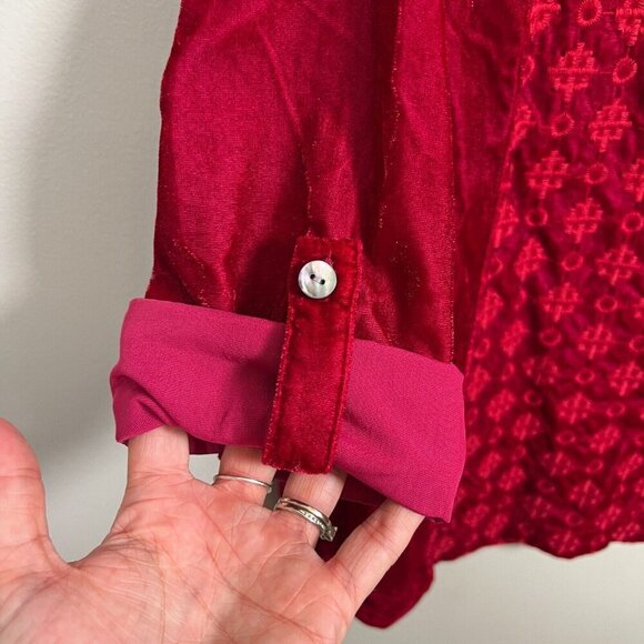 John Mark Velvet Tunic Top Size Small Red Embroidered Roll Tab Sleeve Peasant - Picture 6 of 10